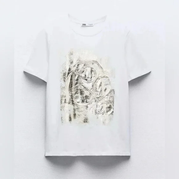 Zara White T-Shirt + Gold Foil Design | Short Sleeve | L | NWT | 🌟Rare🌟 - Picture 8 of 14